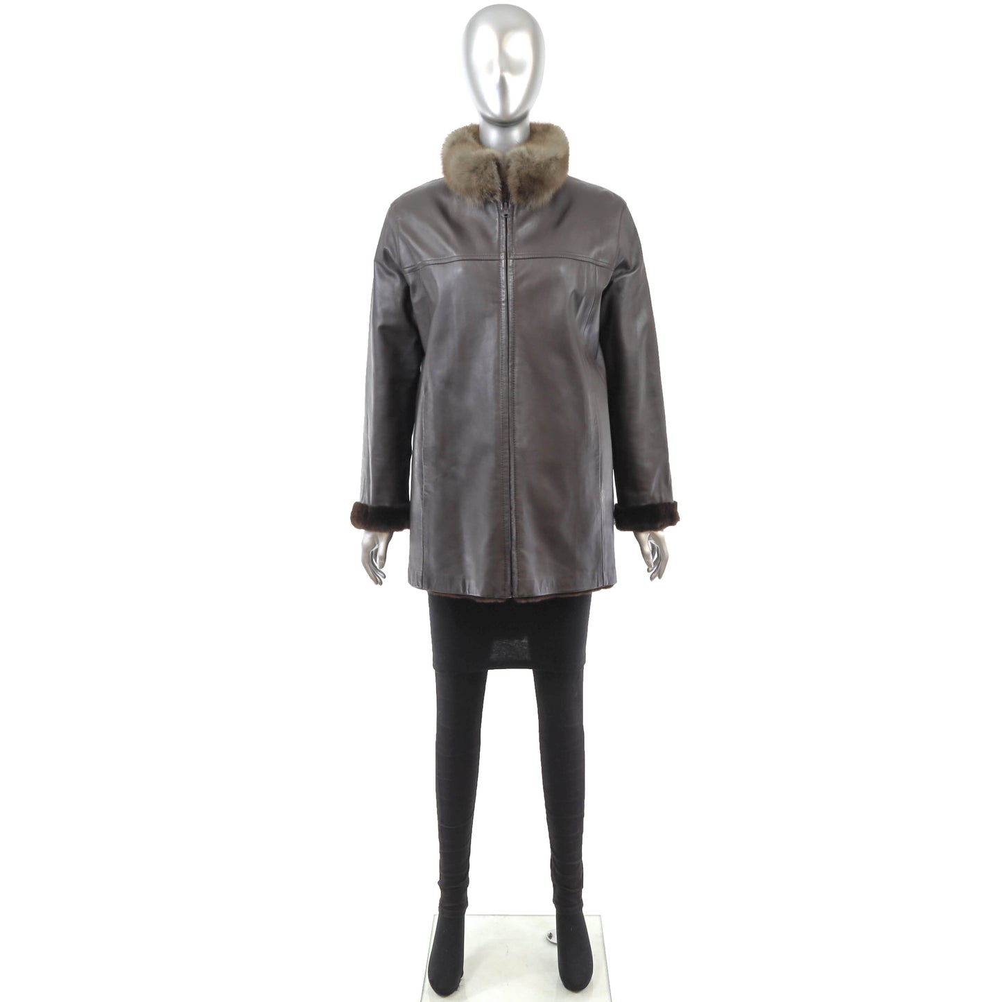 Sheared Mink Jacket Reversible to Leather with Sable Collar- Size M