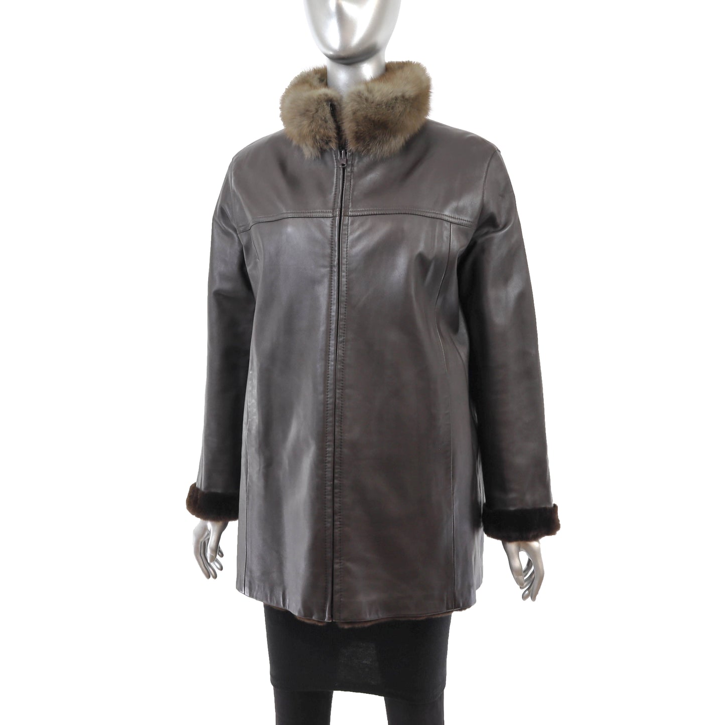 Sheared Mink Jacket Reversible to Leather with Sable Collar- Size M