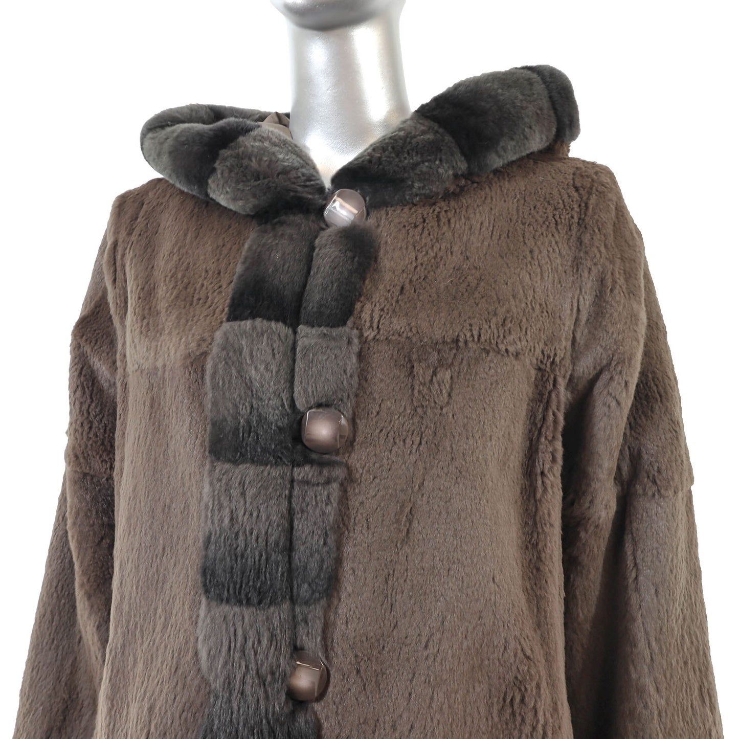 Brown Hooded Sheared Rabbit Coat Reversible to Taffeta- Size M