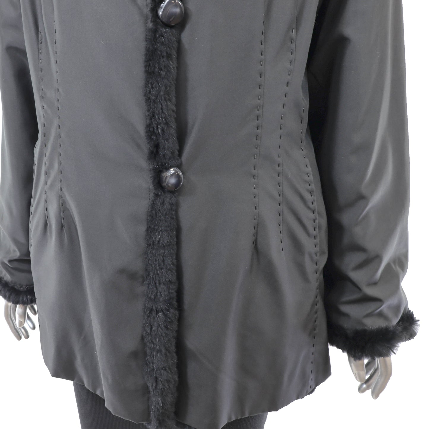 Black Knitted Rabbit Jacket Reversible to Taffeta- Size L