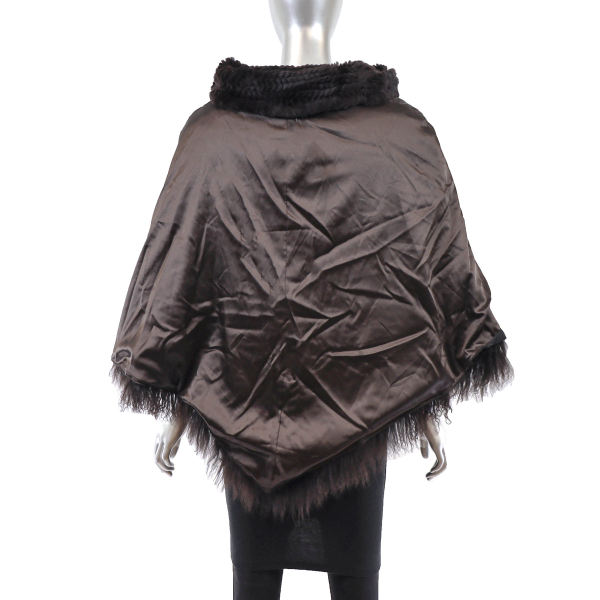 Dark Brown Knitted Rex Rabbit Poncho with Tibetan Lamb- Size Free