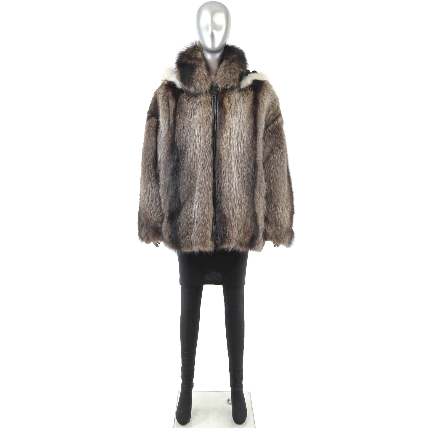 Raccoon Jacket with Detachable Hood and Fox Trim- Size L