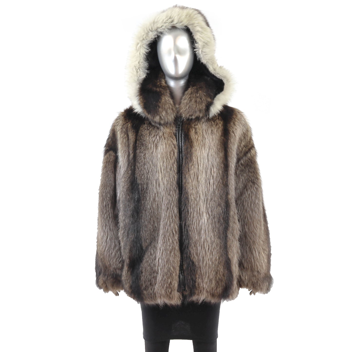 Raccoon Jacket with Detachable Hood and Fox Trim- Size L