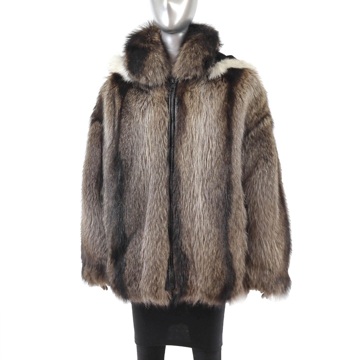 Raccoon Jacket with Detachable Hood and Fox Trim- Size L