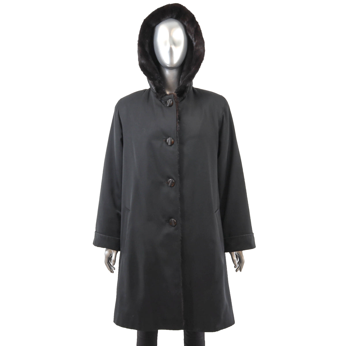 Hooded Raincoat with Mink Lining- Size L