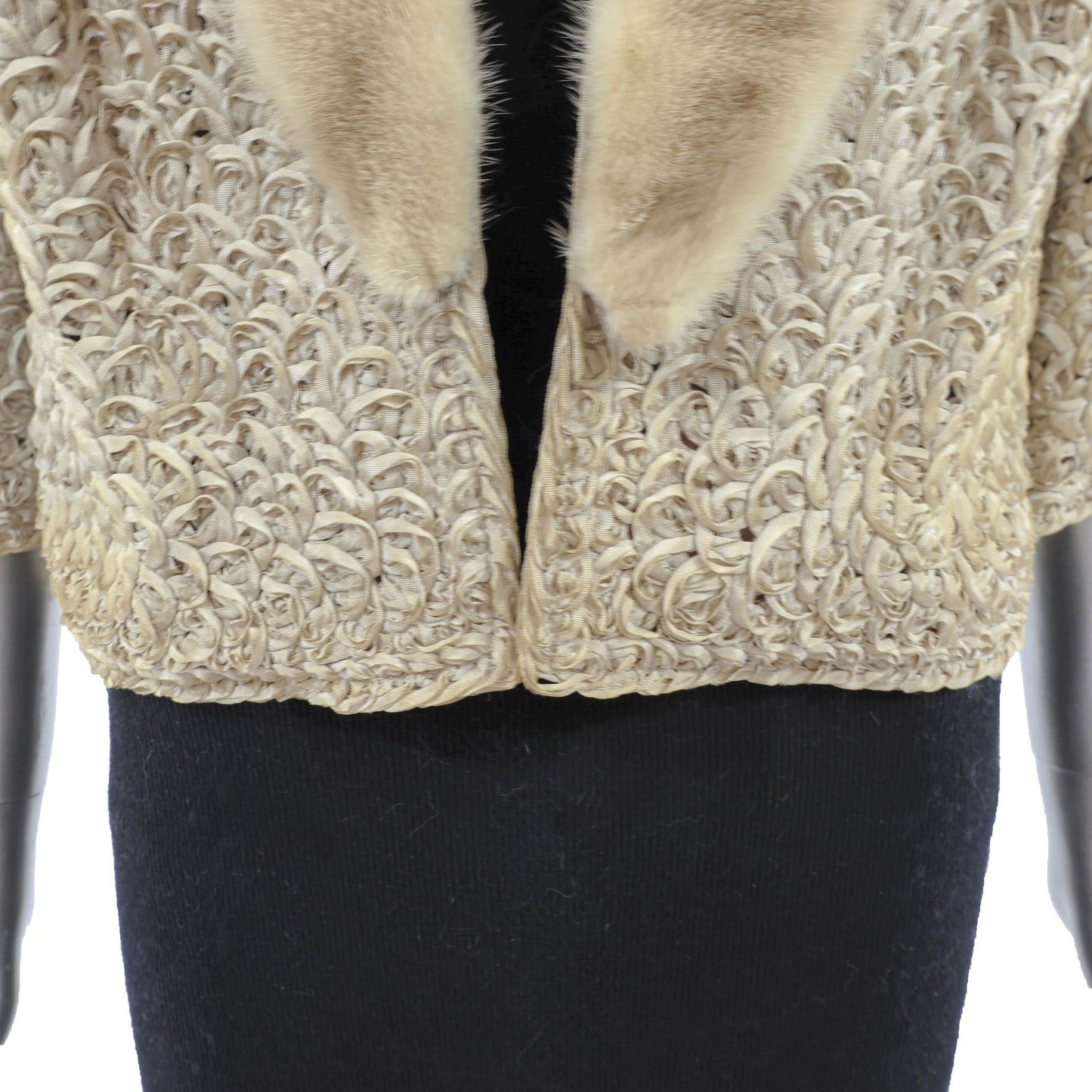 Beige Ribbon Jacket with Mink Collar- Size S