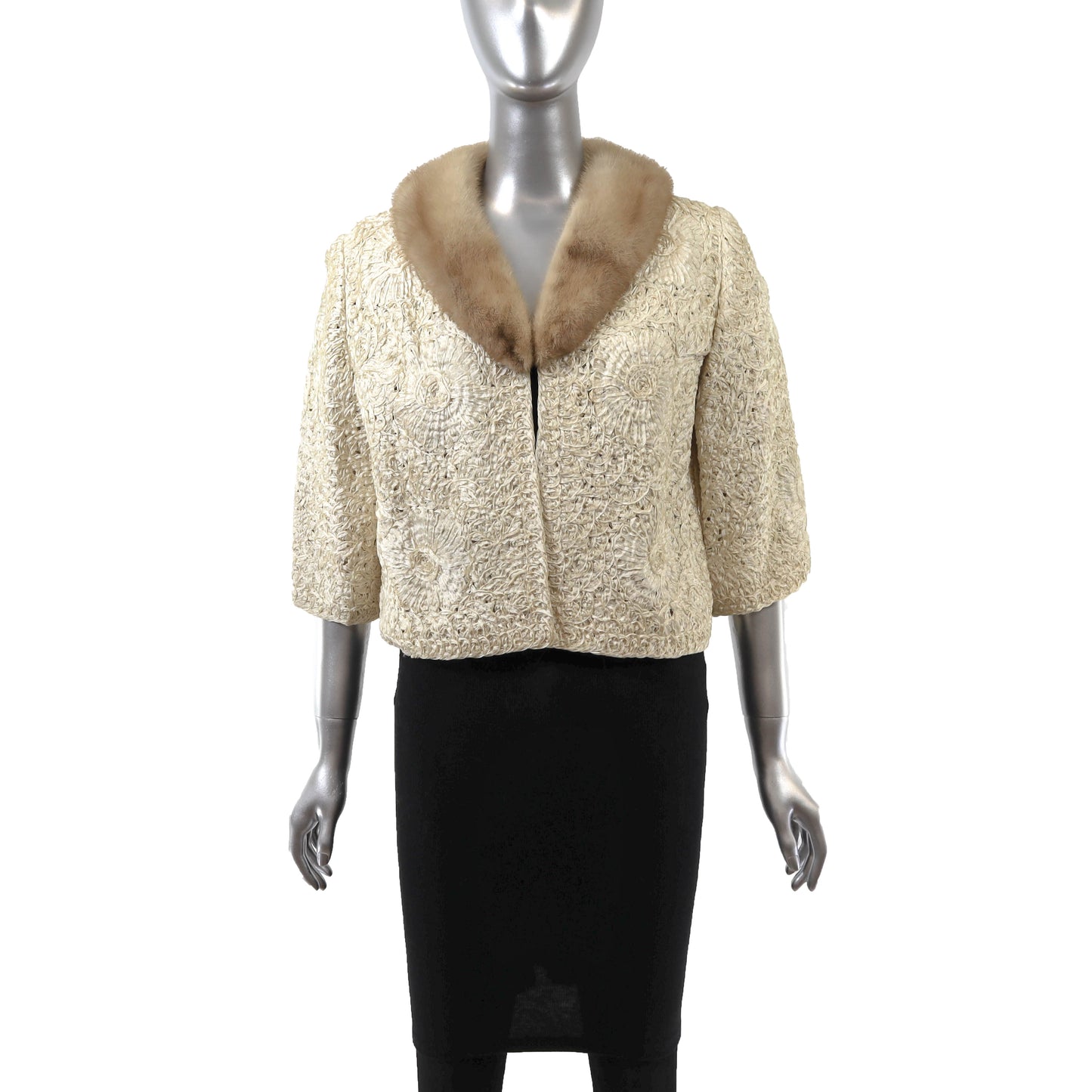 Beige Ribbon Jacket with Mink Trim- Size S