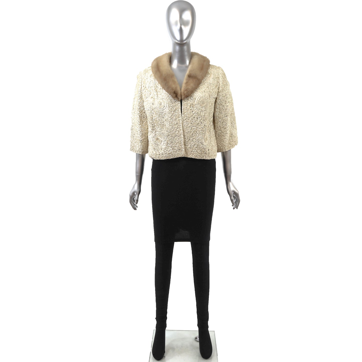 Beige Ribbon Jacket with Mink Trim- Size S