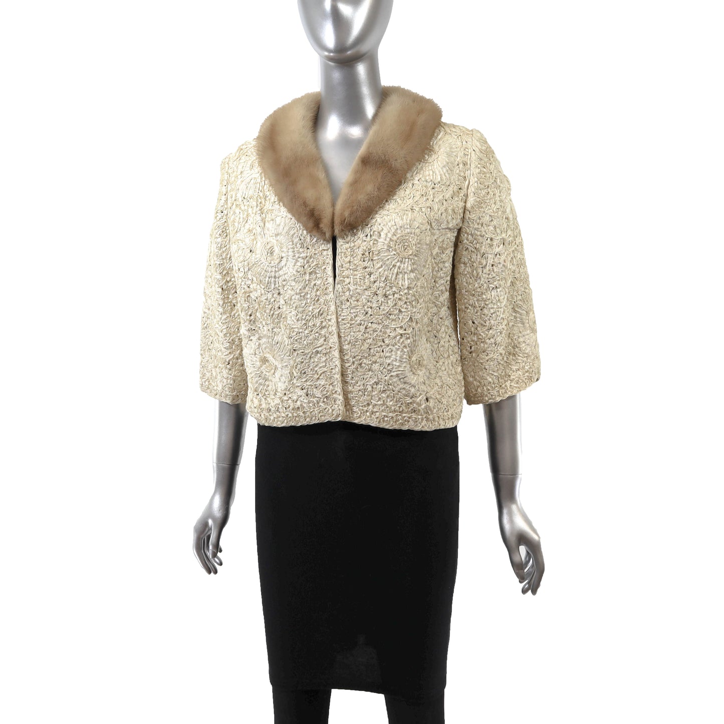 Beige Ribbon Jacket with Mink Trim- Size S