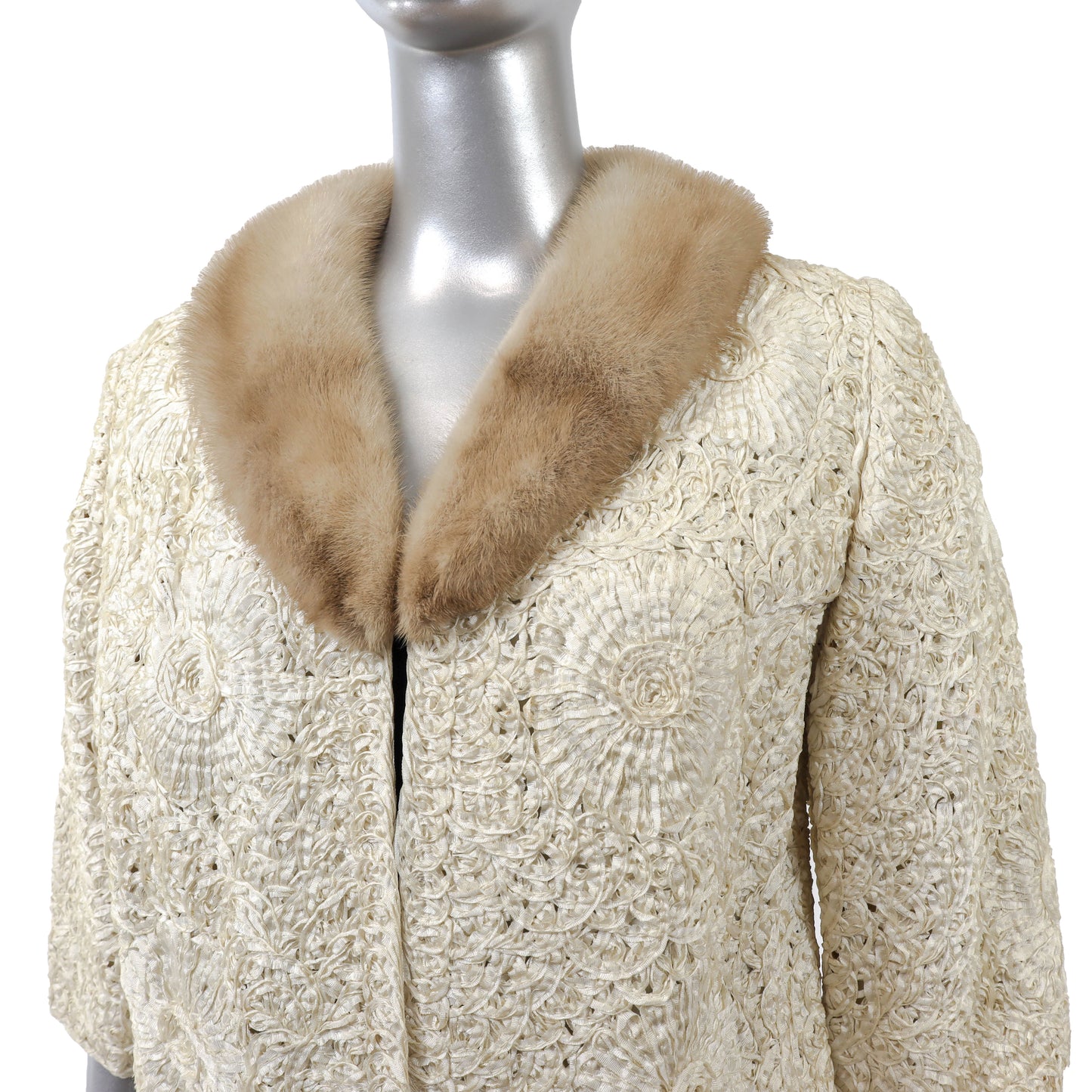 Beige Ribbon Jacket with Mink Trim- Size S
