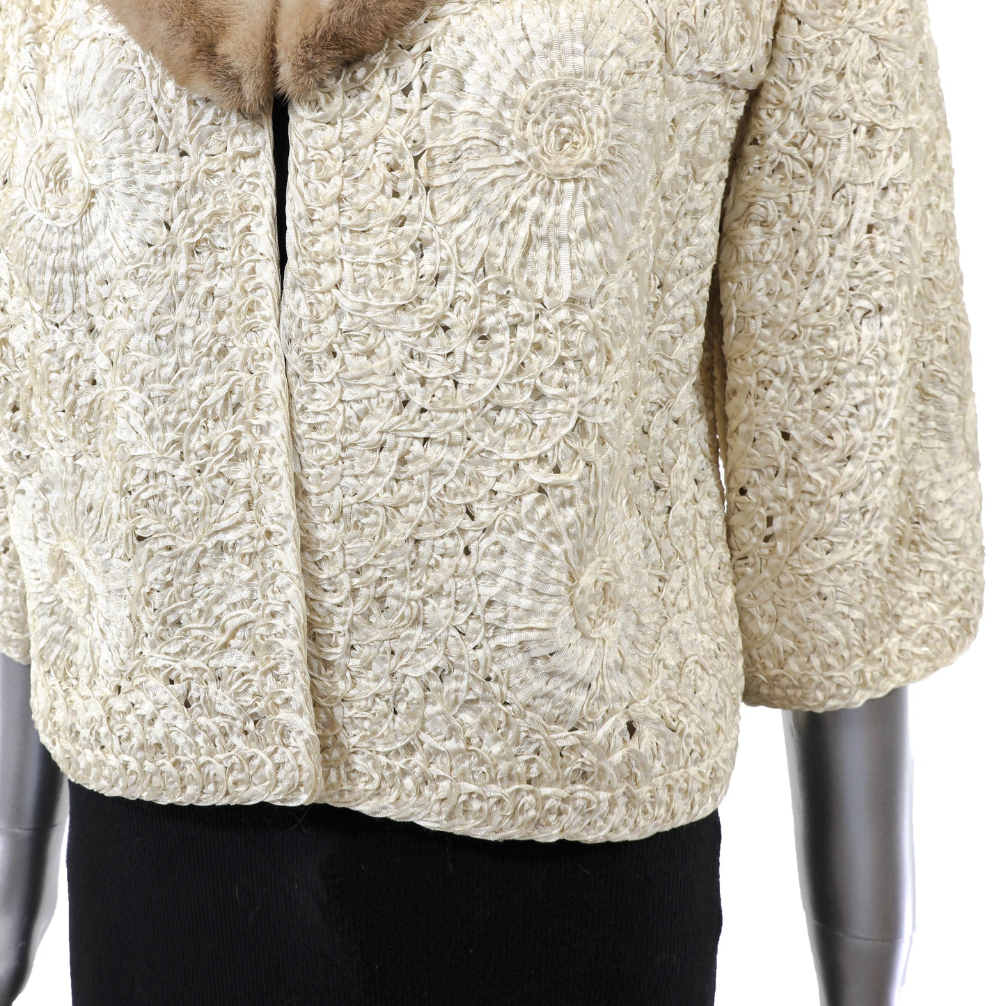 Beige Ribbon Jacket with Mink Trim- Size S
