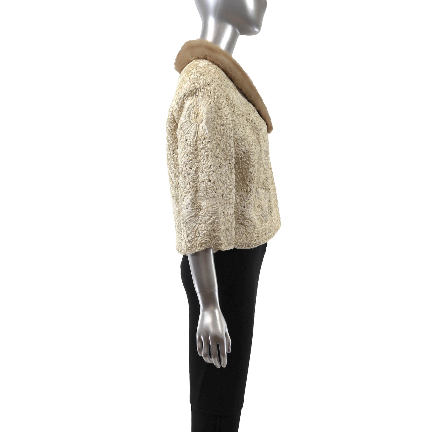 Beige Ribbon Jacket with Mink Trim- Size S