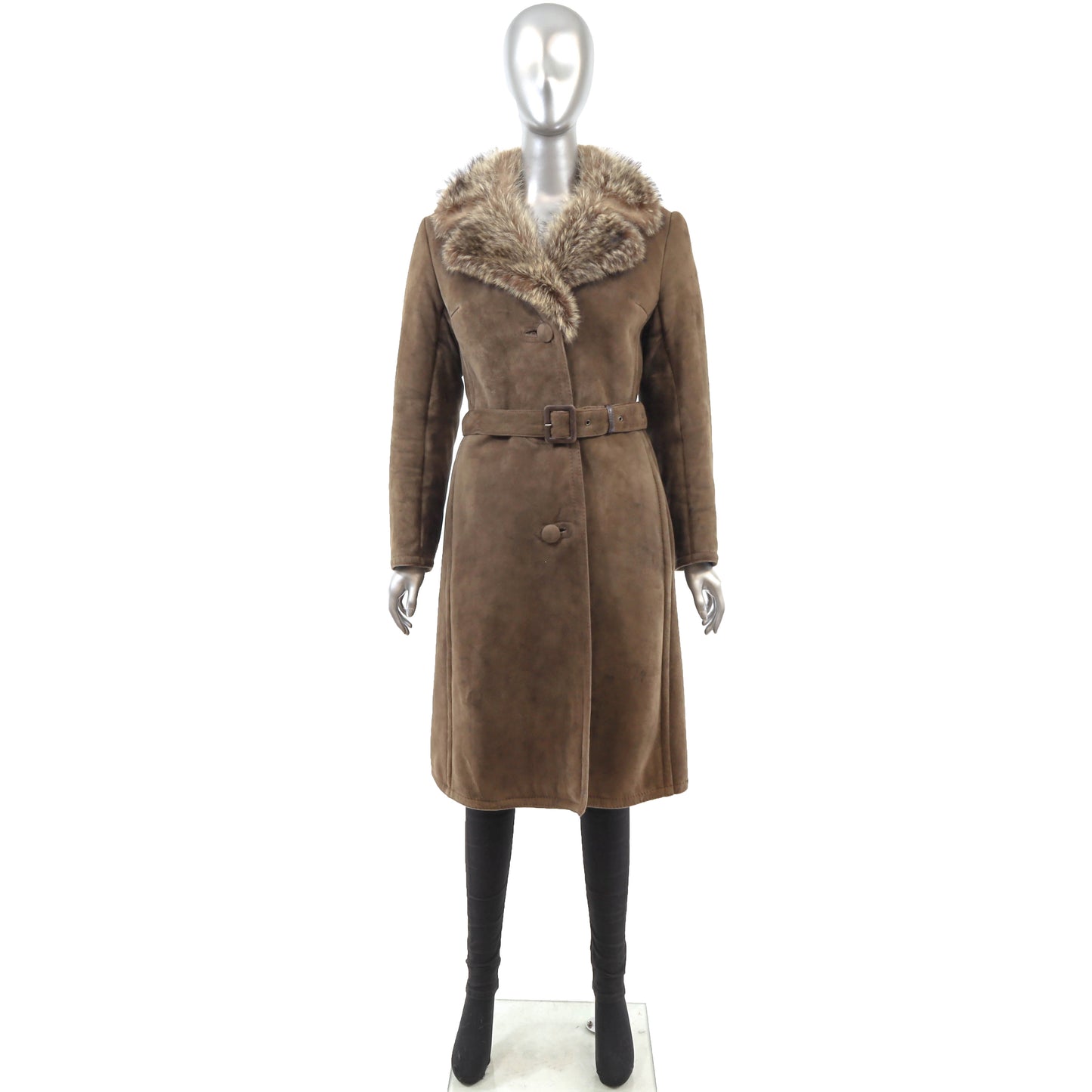 Brown Shearling Coat with Raccoon Trim- Size M
