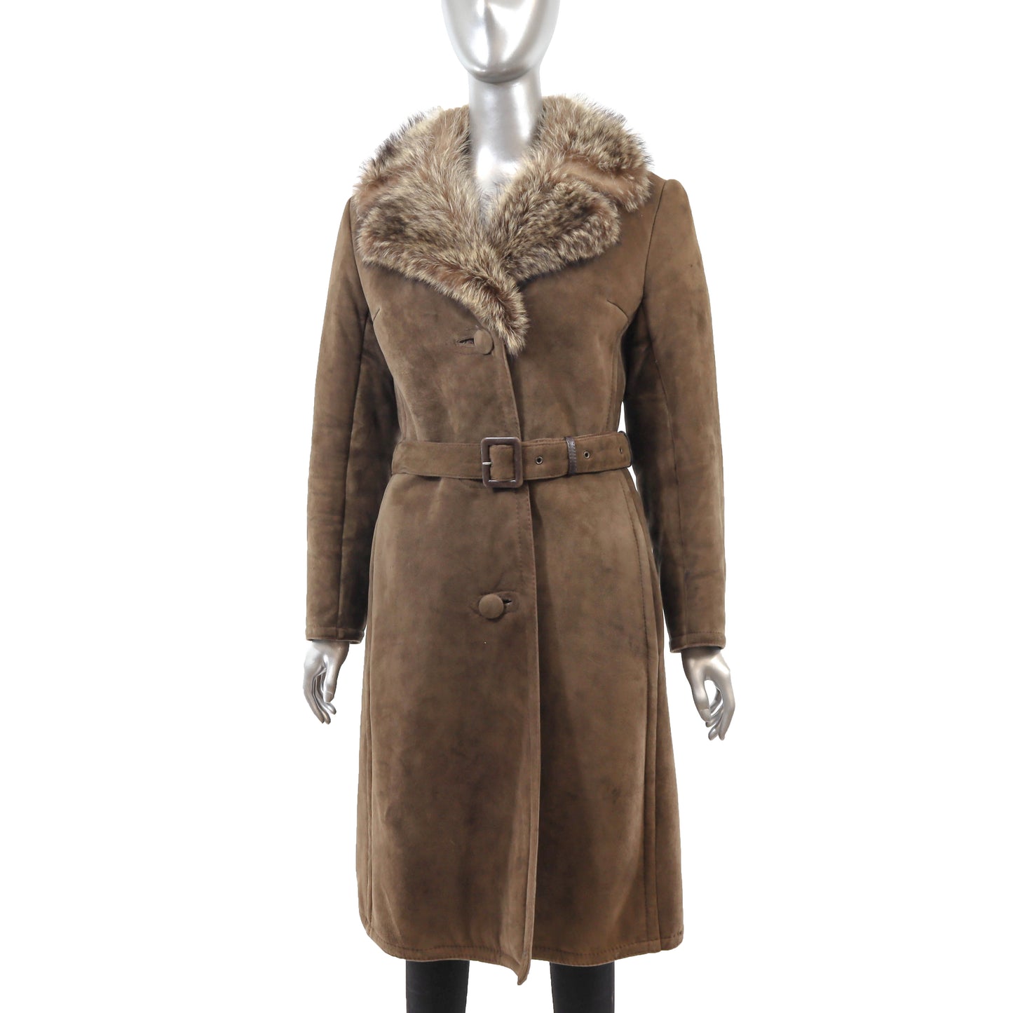 Brown Shearling Coat with Raccoon Trim- Size M