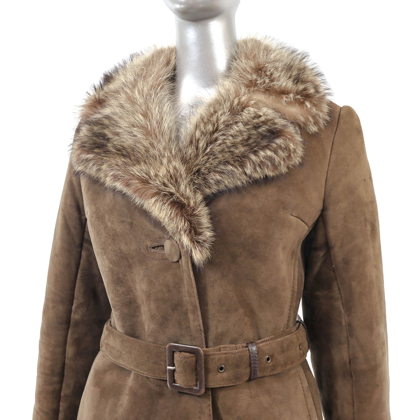 Brown Shearling Coat with Raccoon Trim- Size M