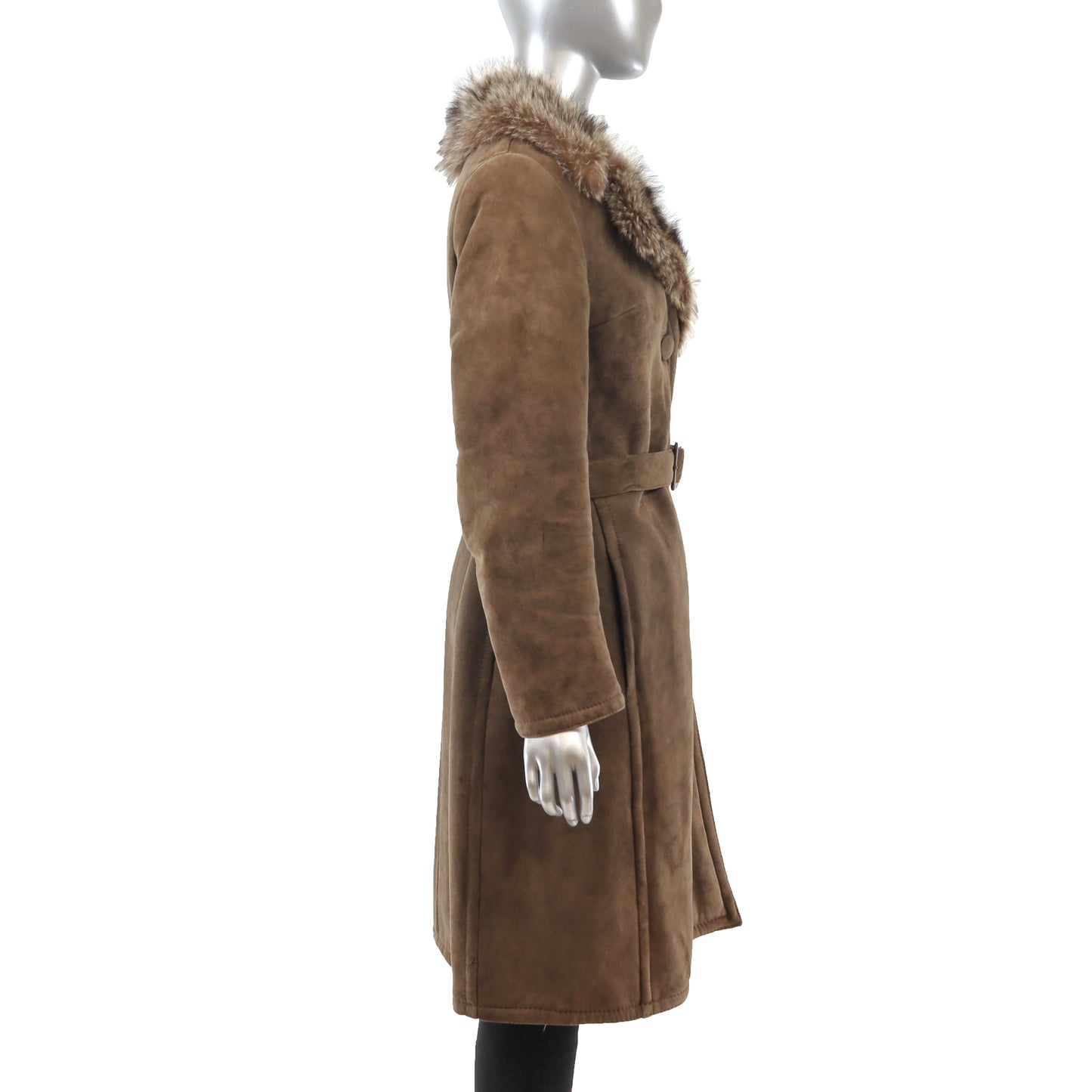 Brown Shearling Coat with Raccoon Trim- Size M
