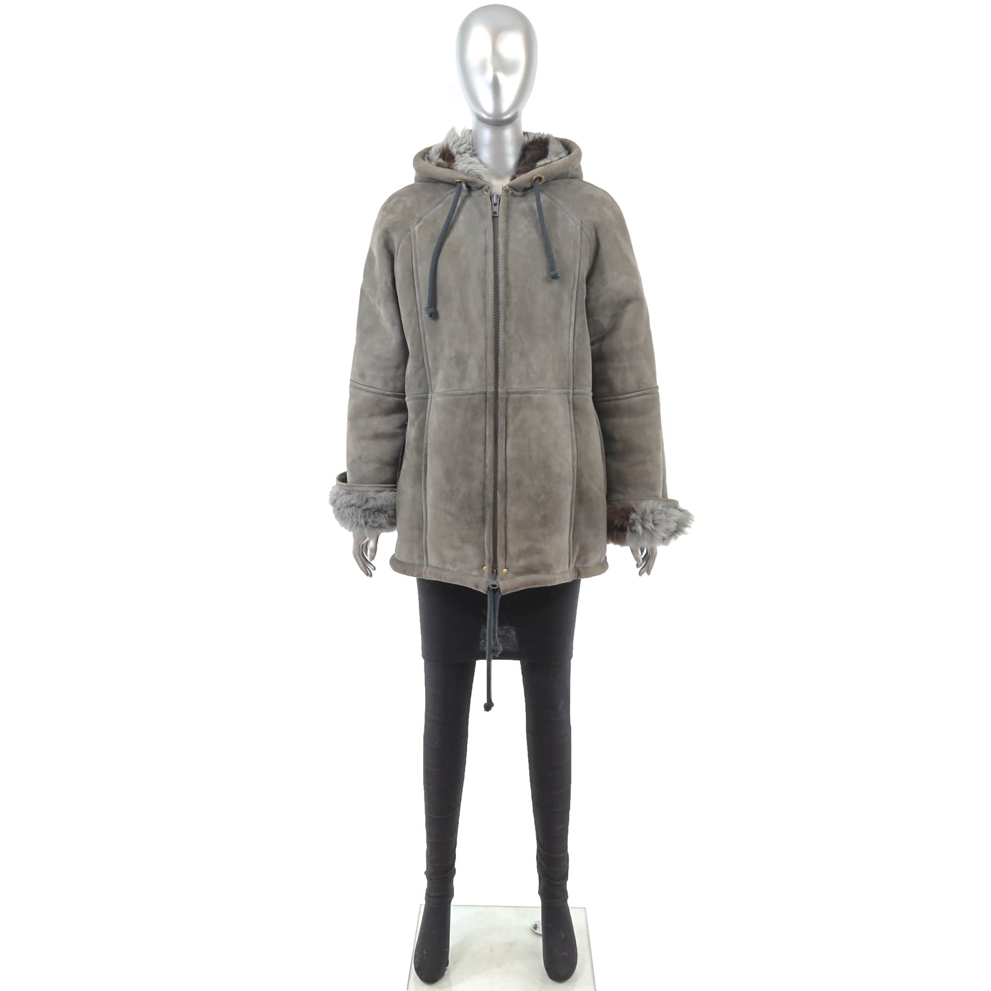 Grey Hooded Shearling Jacket- Size M