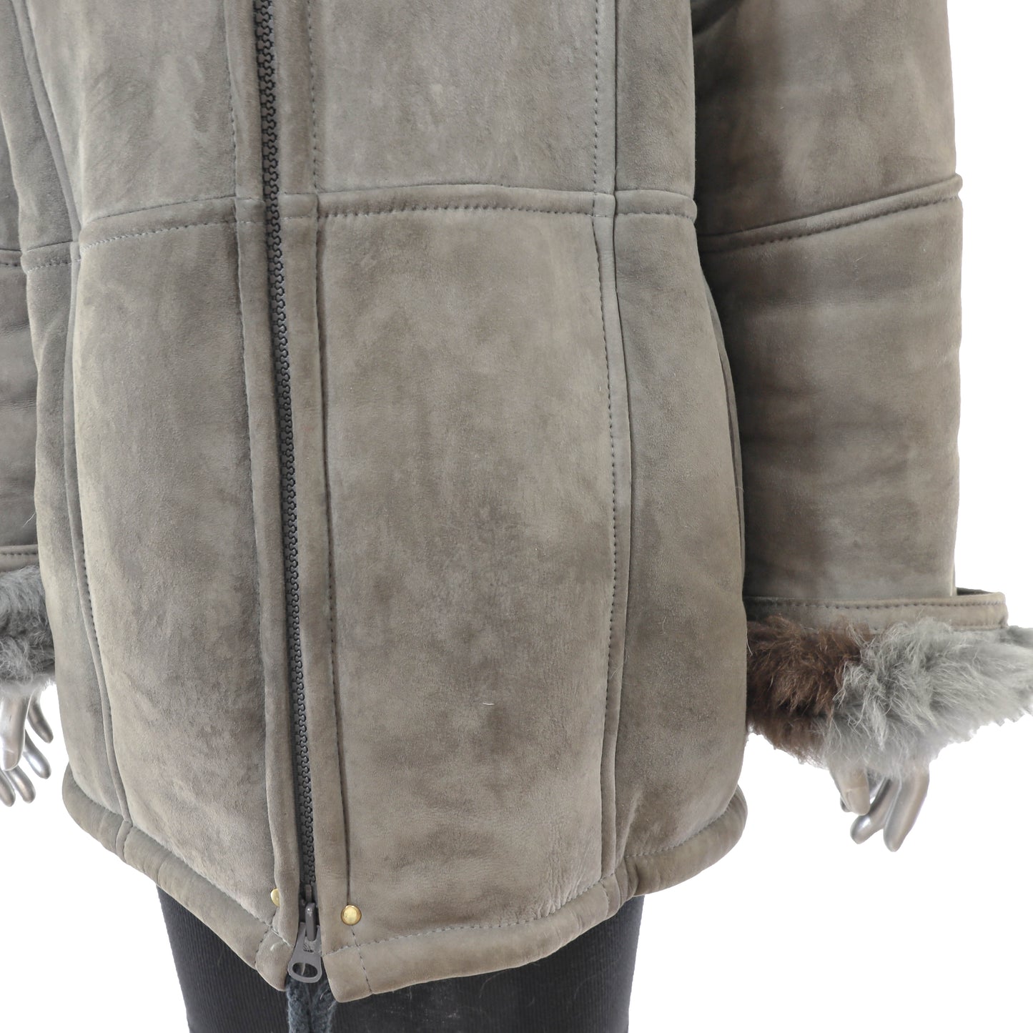 Grey Hooded Shearling Jacket- Size M