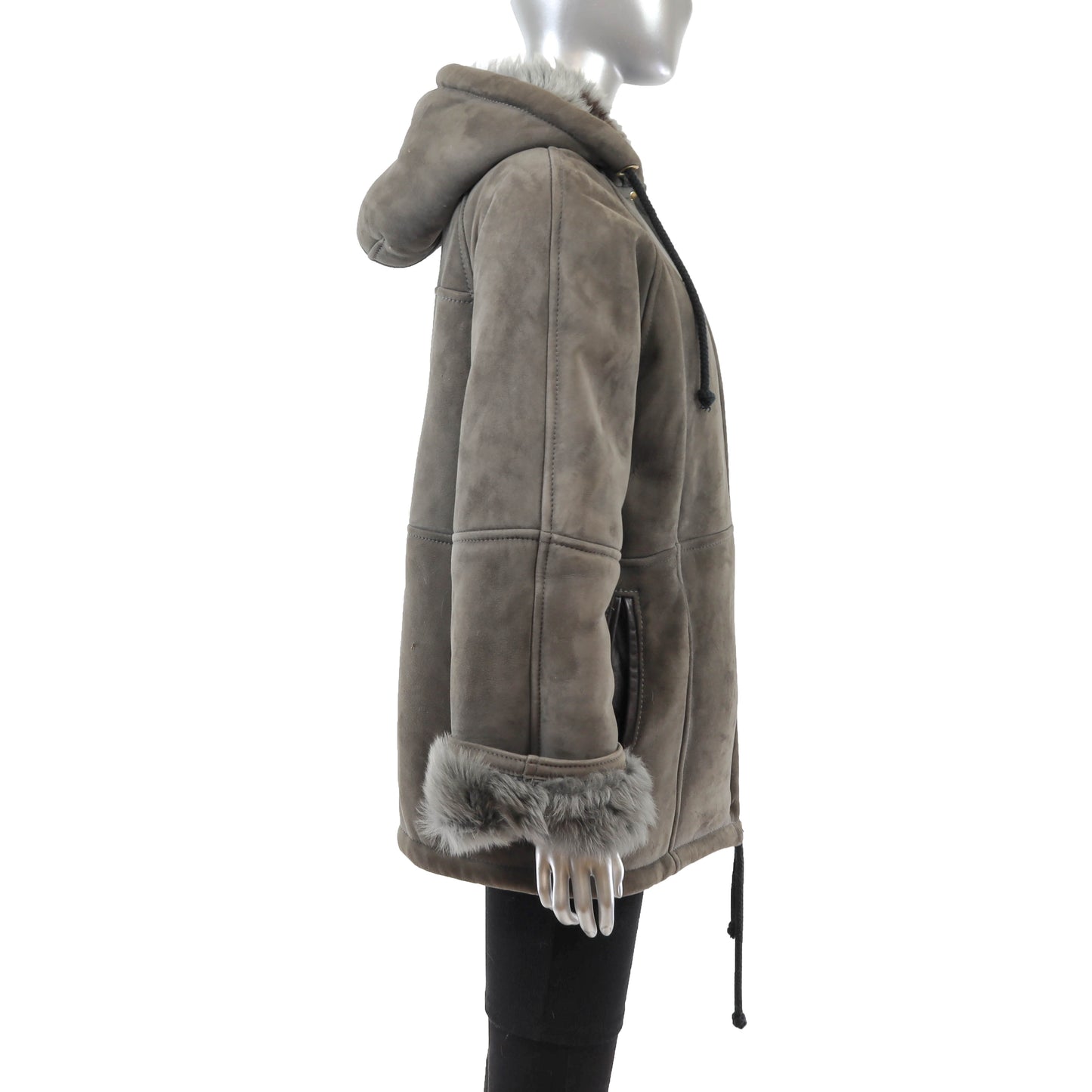 Grey Hooded Shearling Jacket- Size M