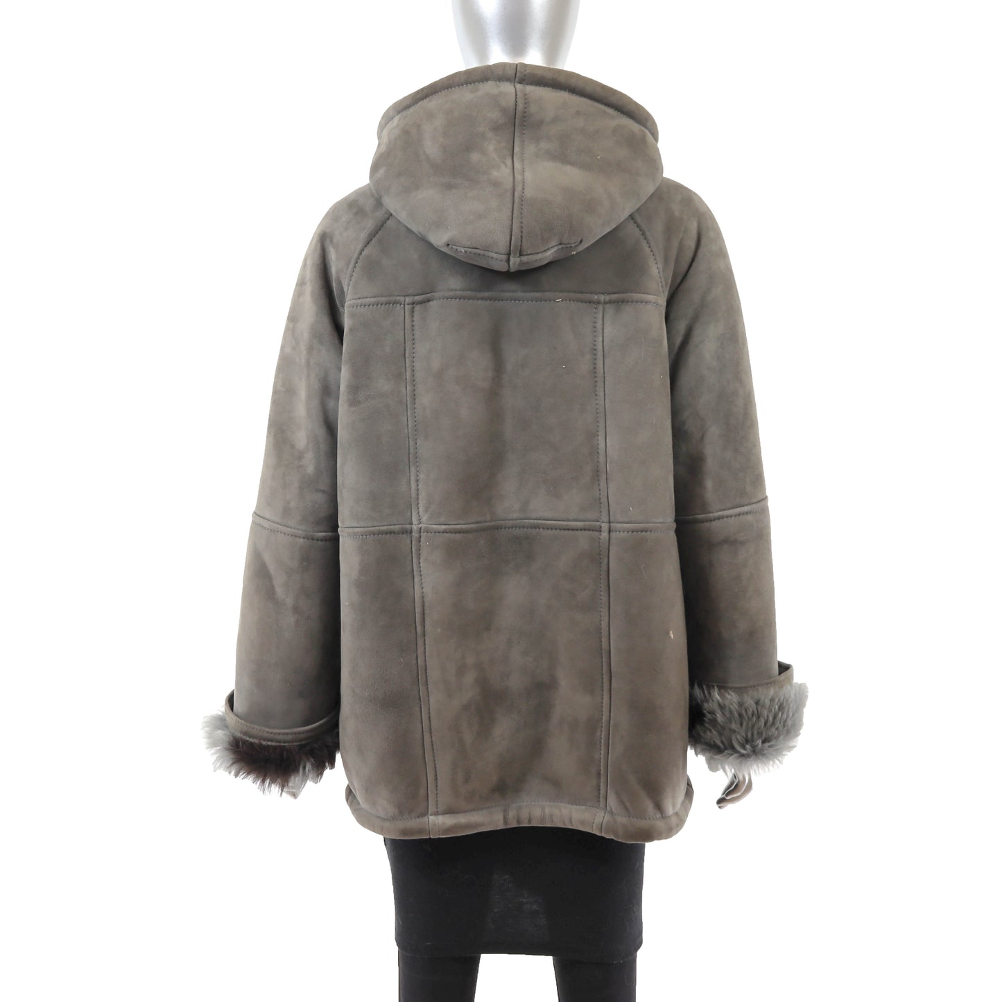 Grey Hooded Shearling Jacket- Size M