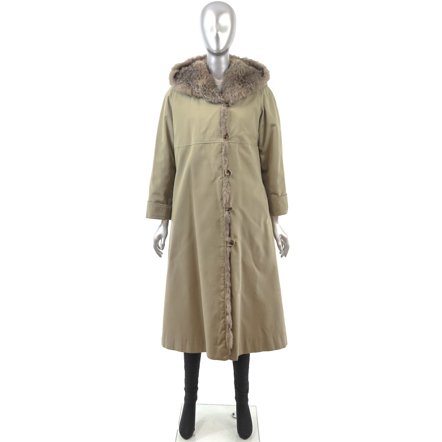 Taffeta Hooded Coat with Opossum Lining- Size S