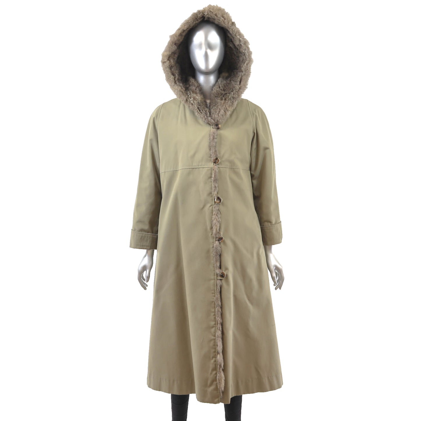 Taffeta Hooded Coat with Opossum Lining- Size S