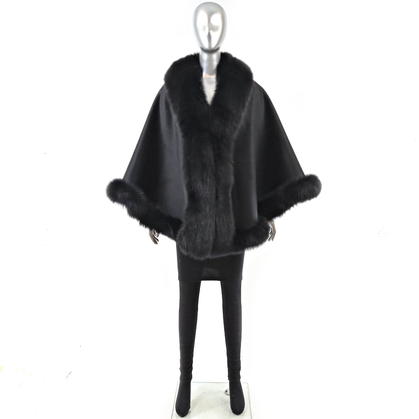 Black Cashmere Cape with Fox Trim- Size Free