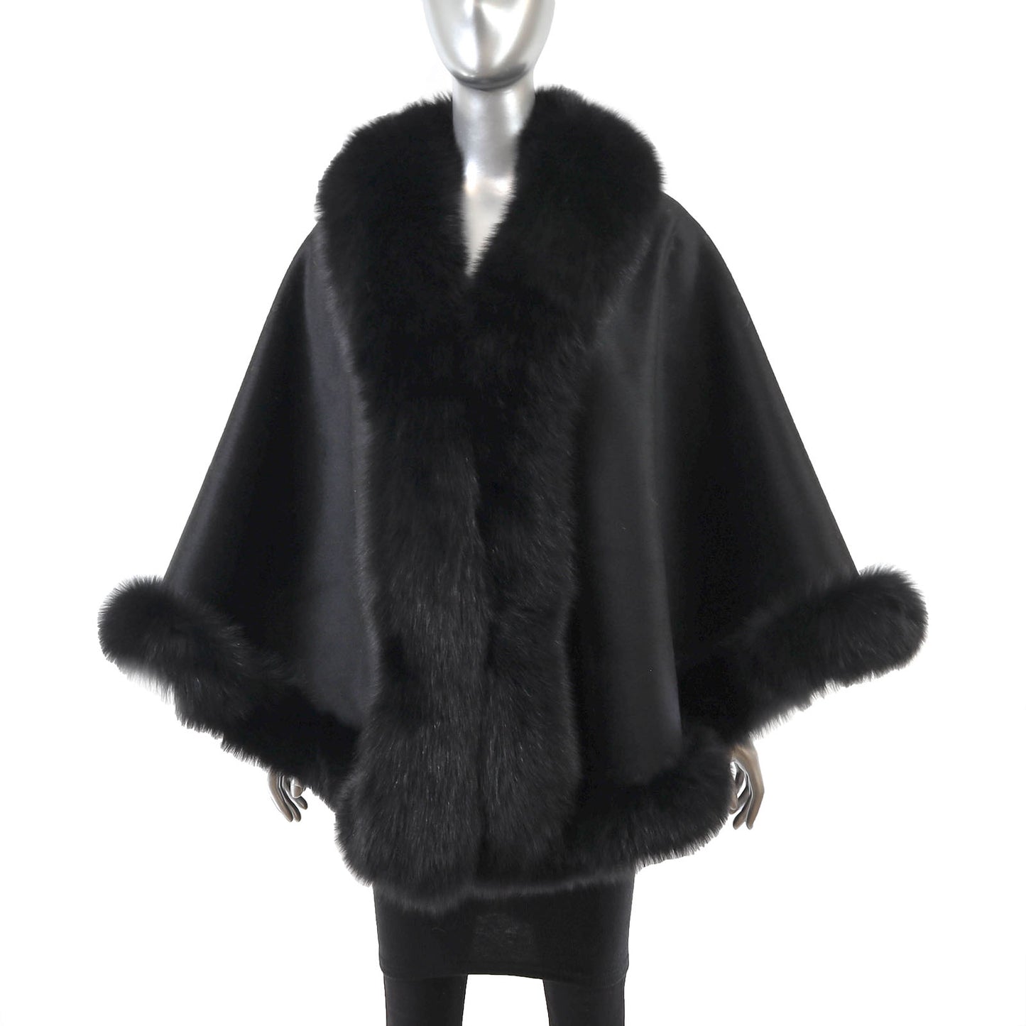 Black Cashmere Cape with Fox Trim- Size Free