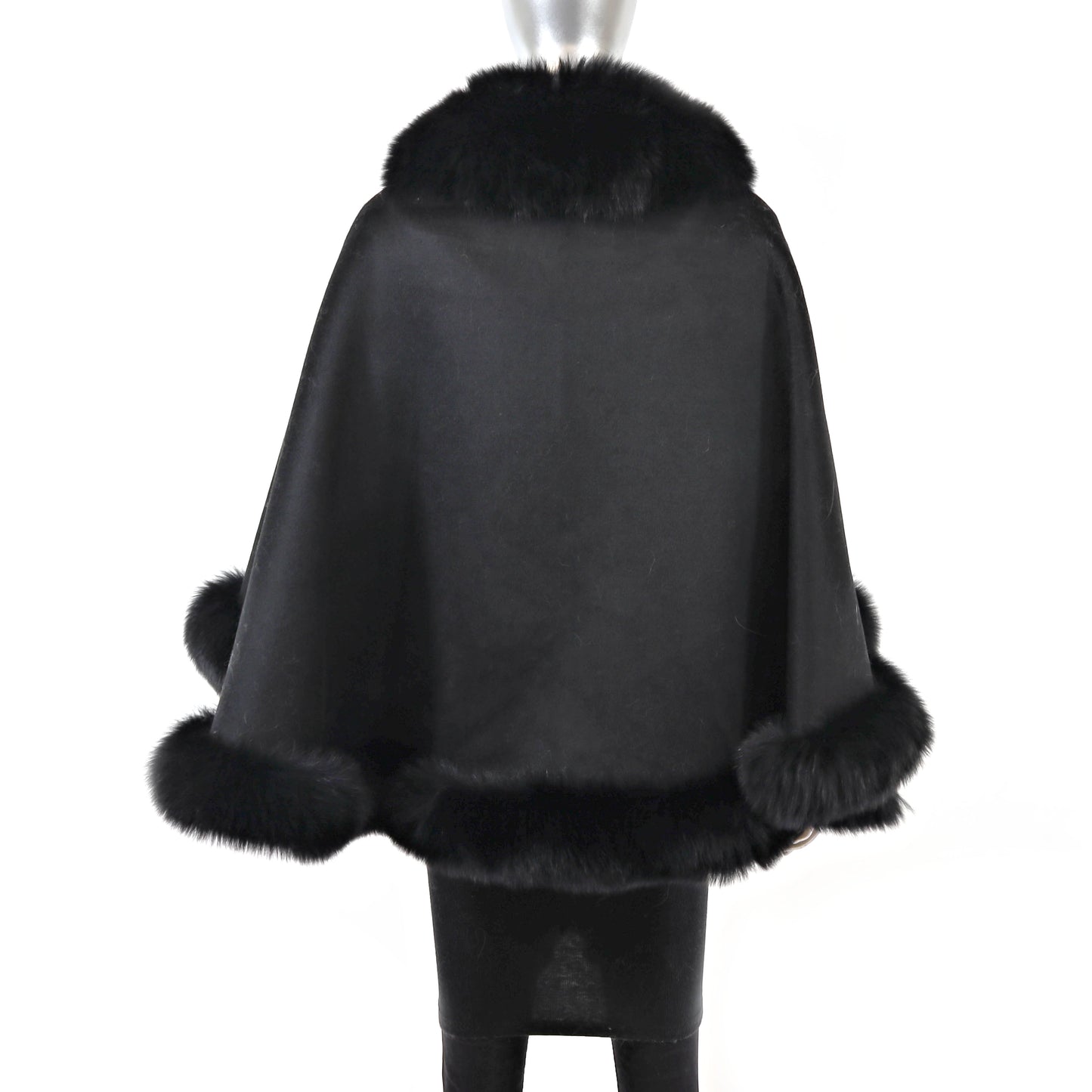 Black Cashmere Cape with Fox Trim- Size Free