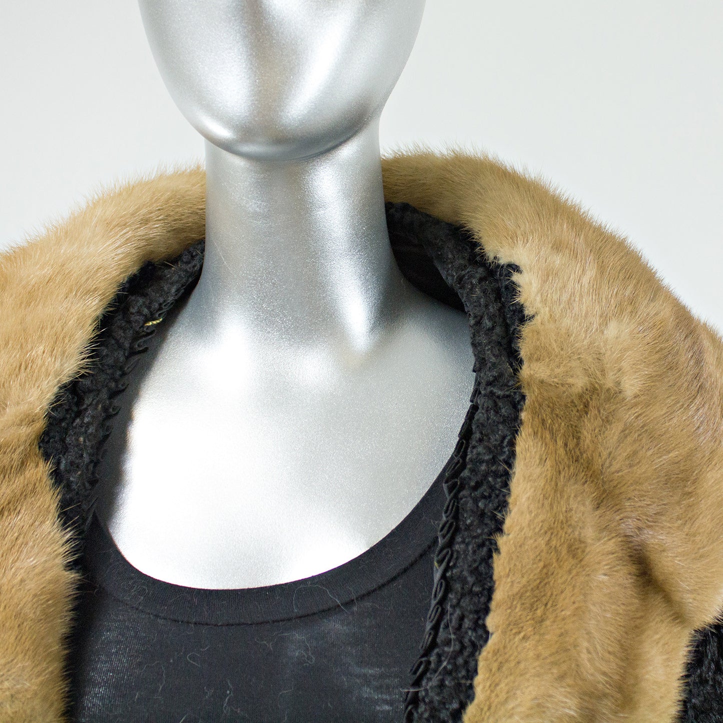 Black Persian Lamb Fur Coat with Pastel Mink Fur Collar - Size S