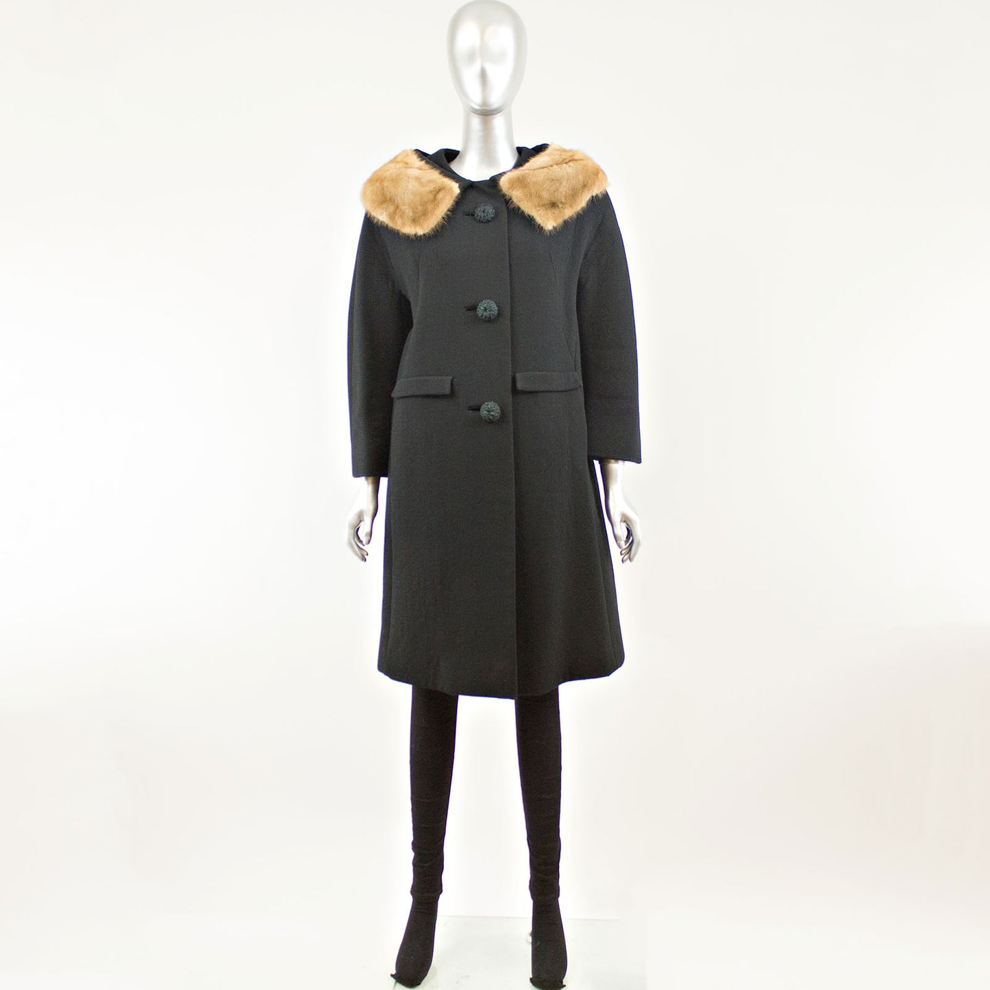 Black Cloth Coat with Mink Collar - Size M
