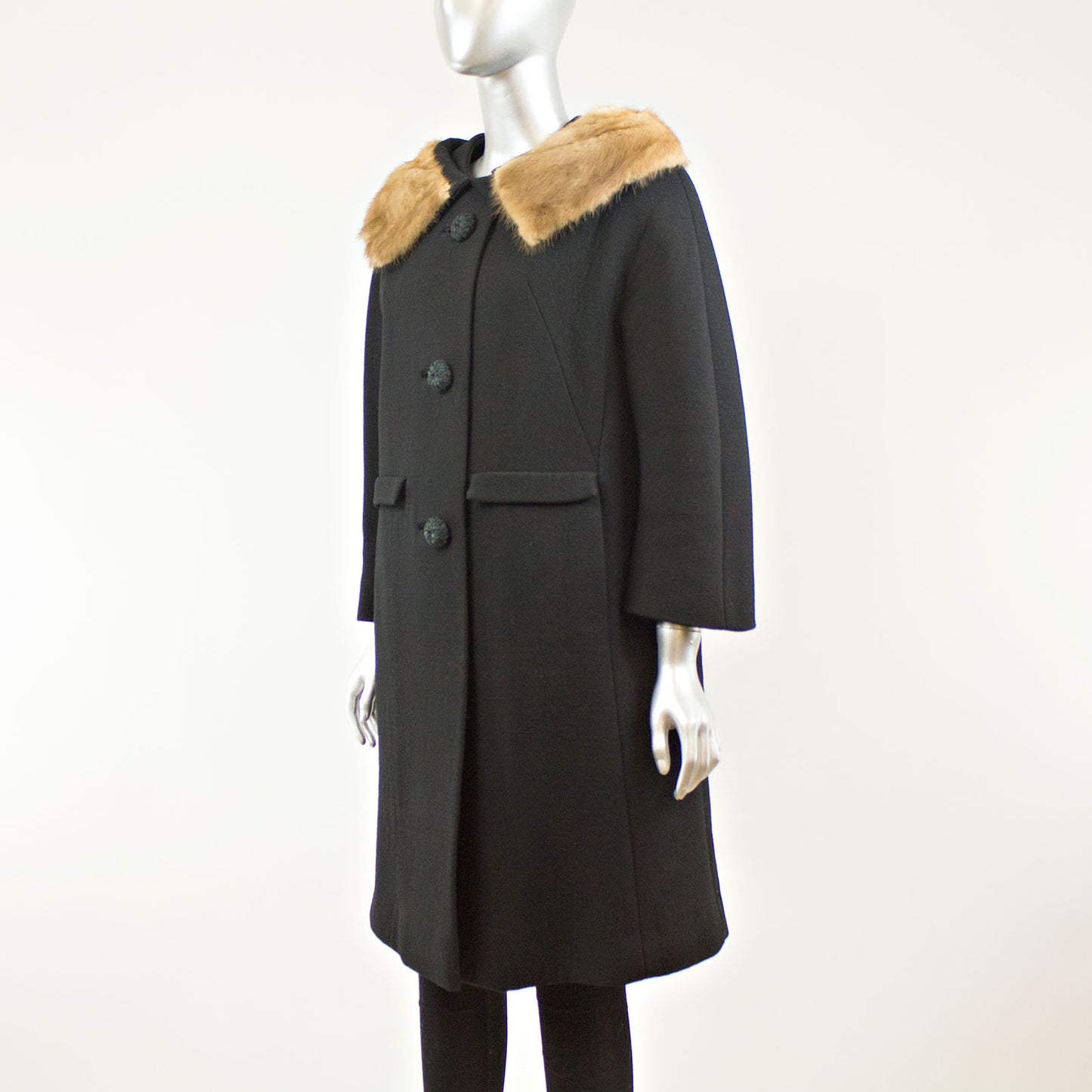 Black Cloth Coat with Mink Collar - Size M
