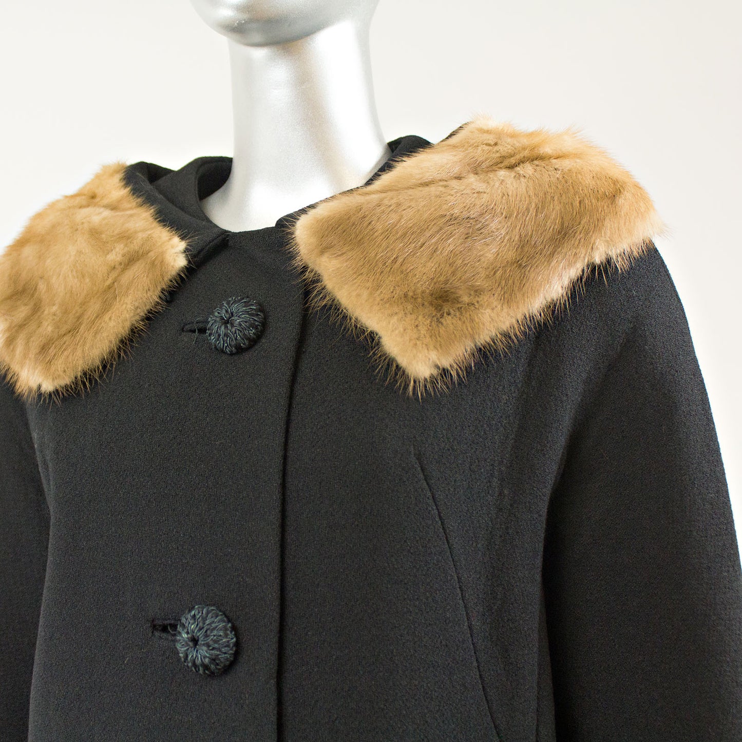 Black Cloth Coat with Mink Collar - Size M
