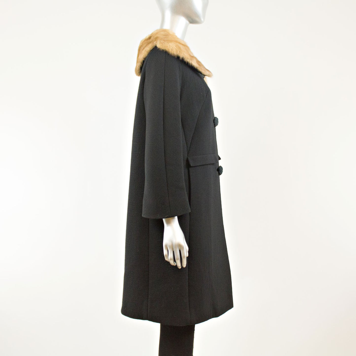 Black Cloth Coat with Mink Collar - Size M