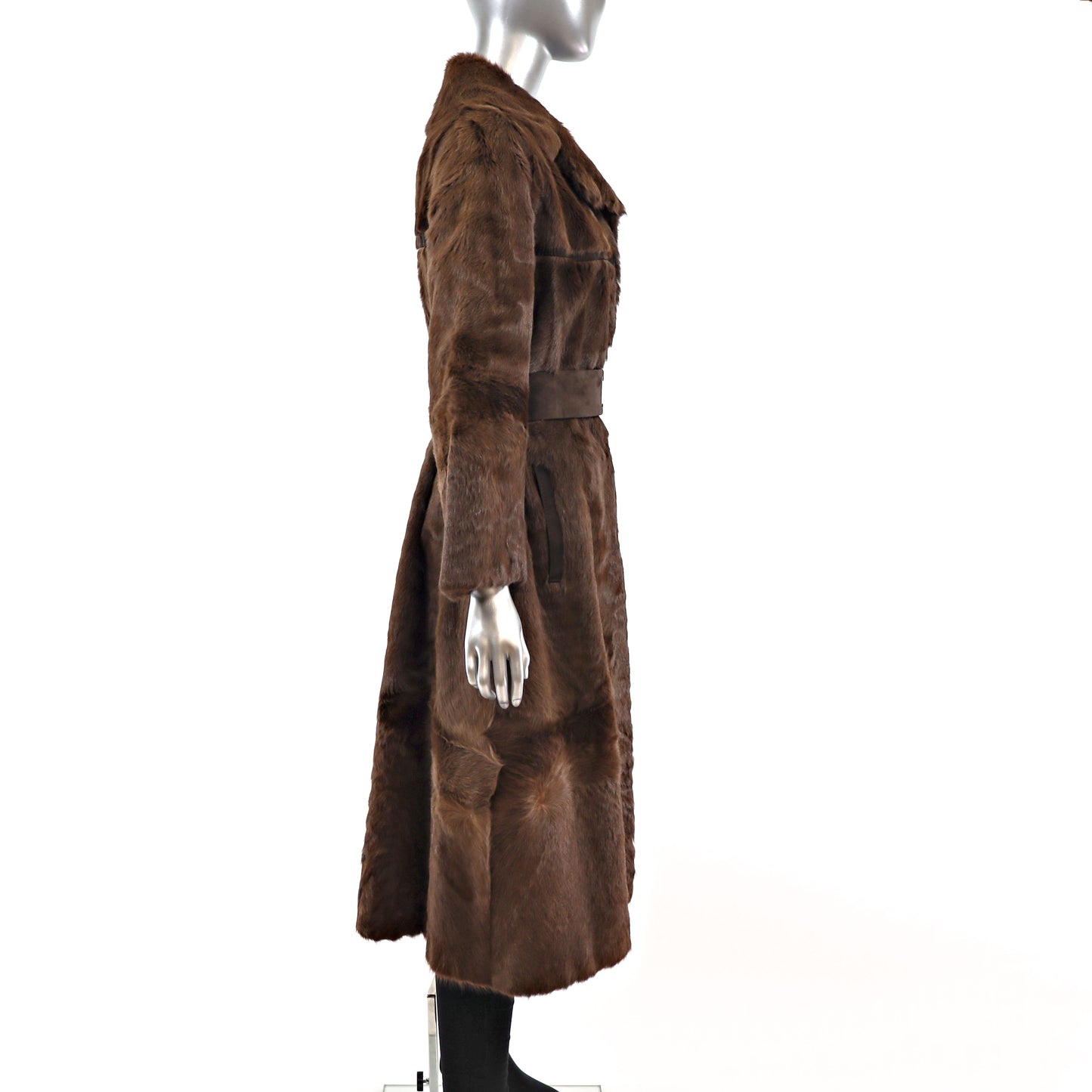 Goat Skin Coat With Leather Belt Fur Size S