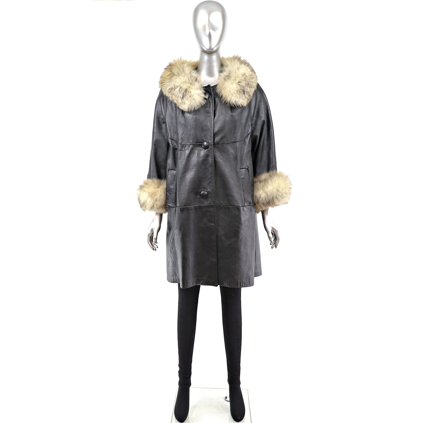 Leather Coat with Blue Fox Trim- Size M