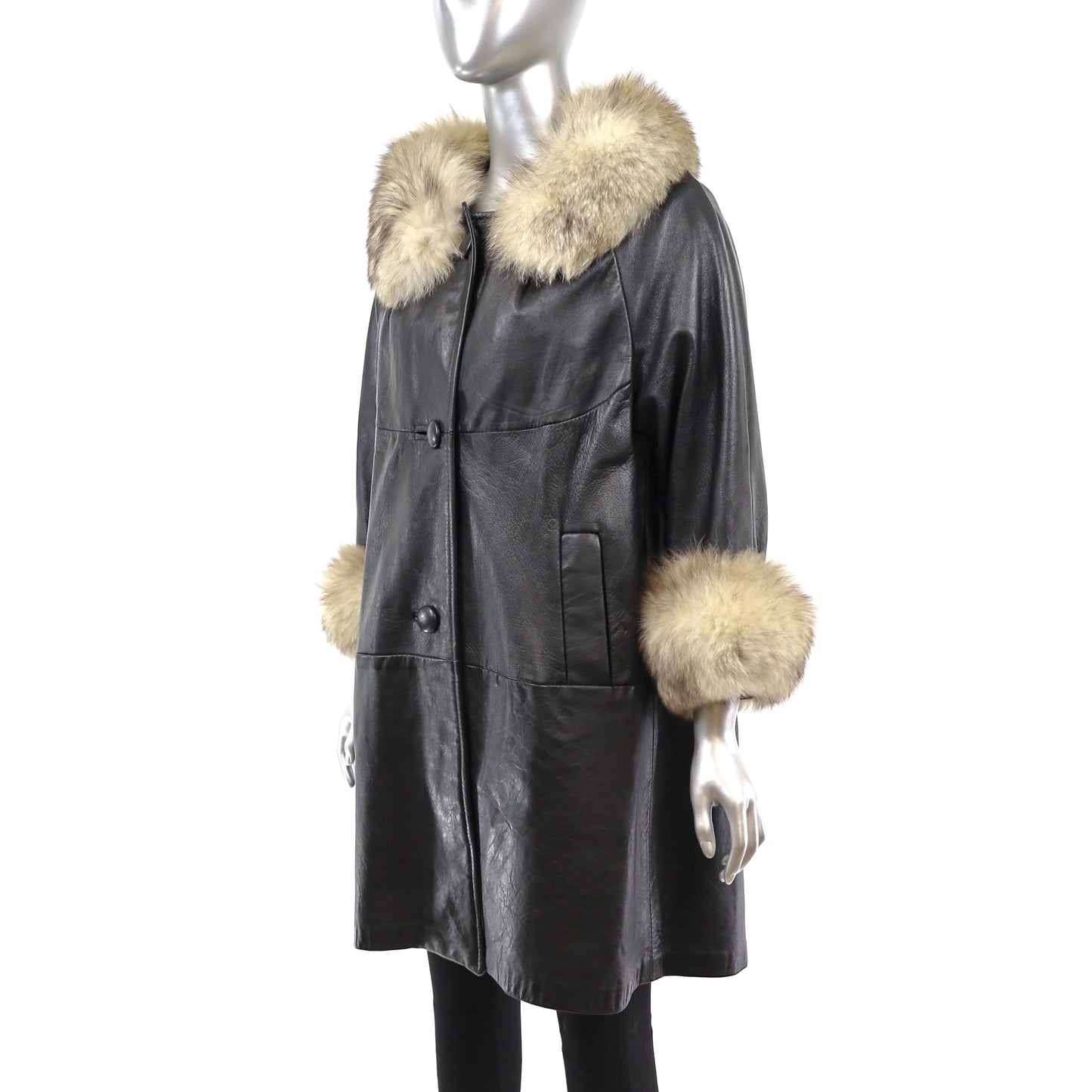 Leather Coat with Blue Fox Trim- Size M
