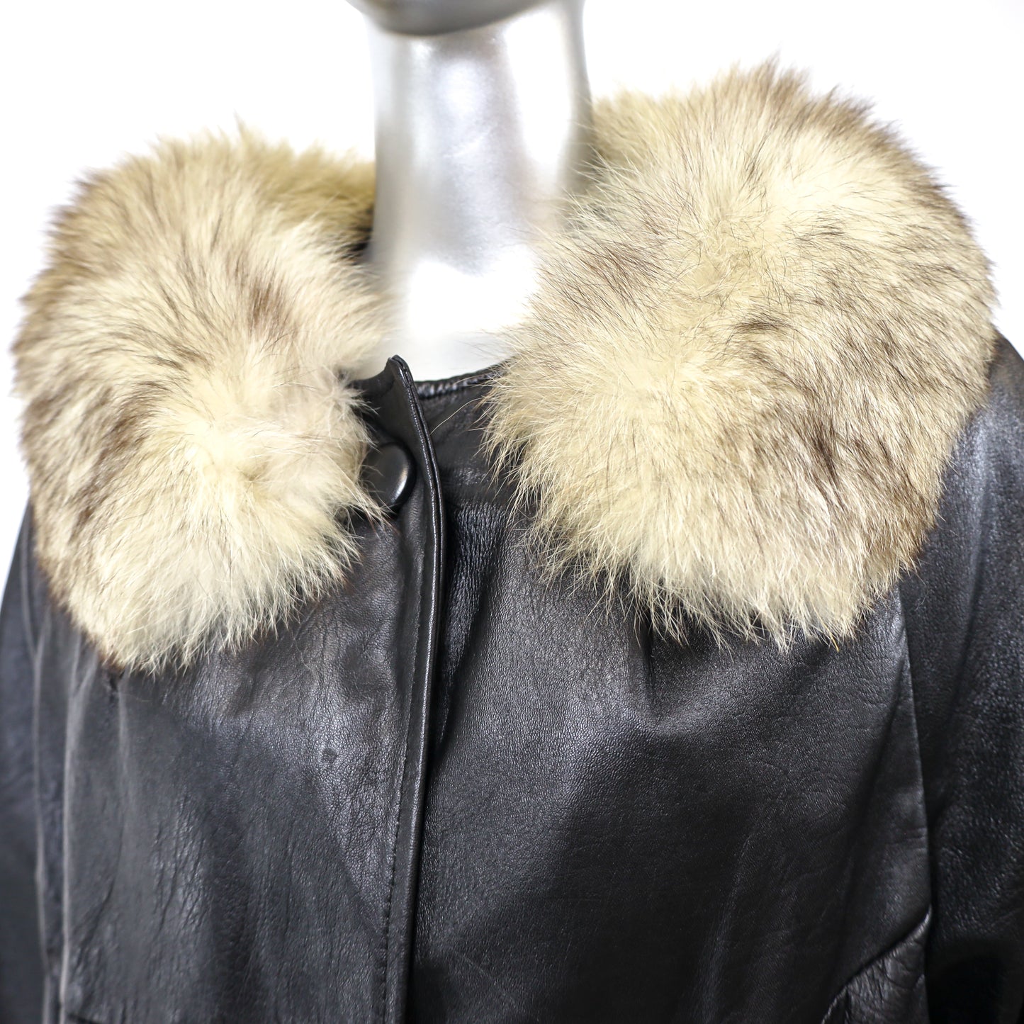 Leather Coat with Blue Fox Trim- Size M
