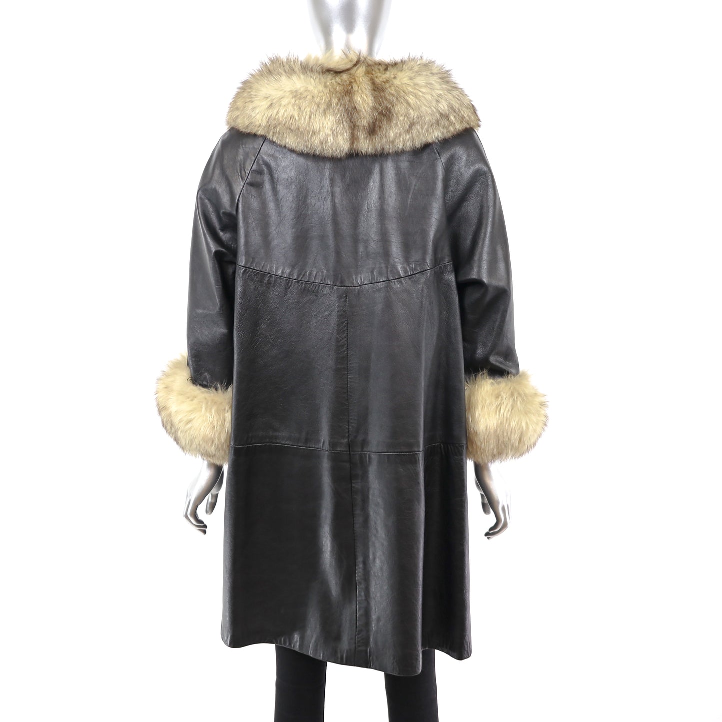 Leather Coat with Blue Fox Trim- Size M