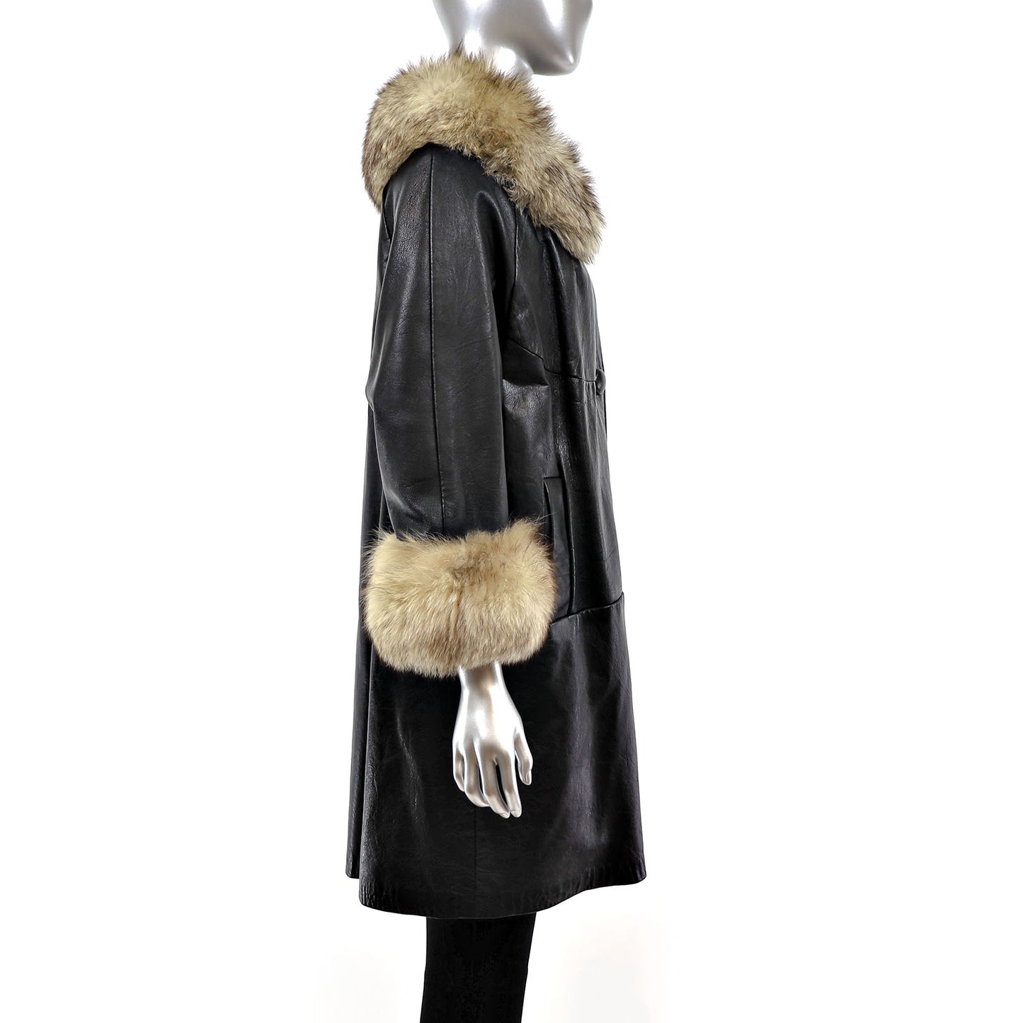 Leather Coat with Blue Fox Trim- Size M