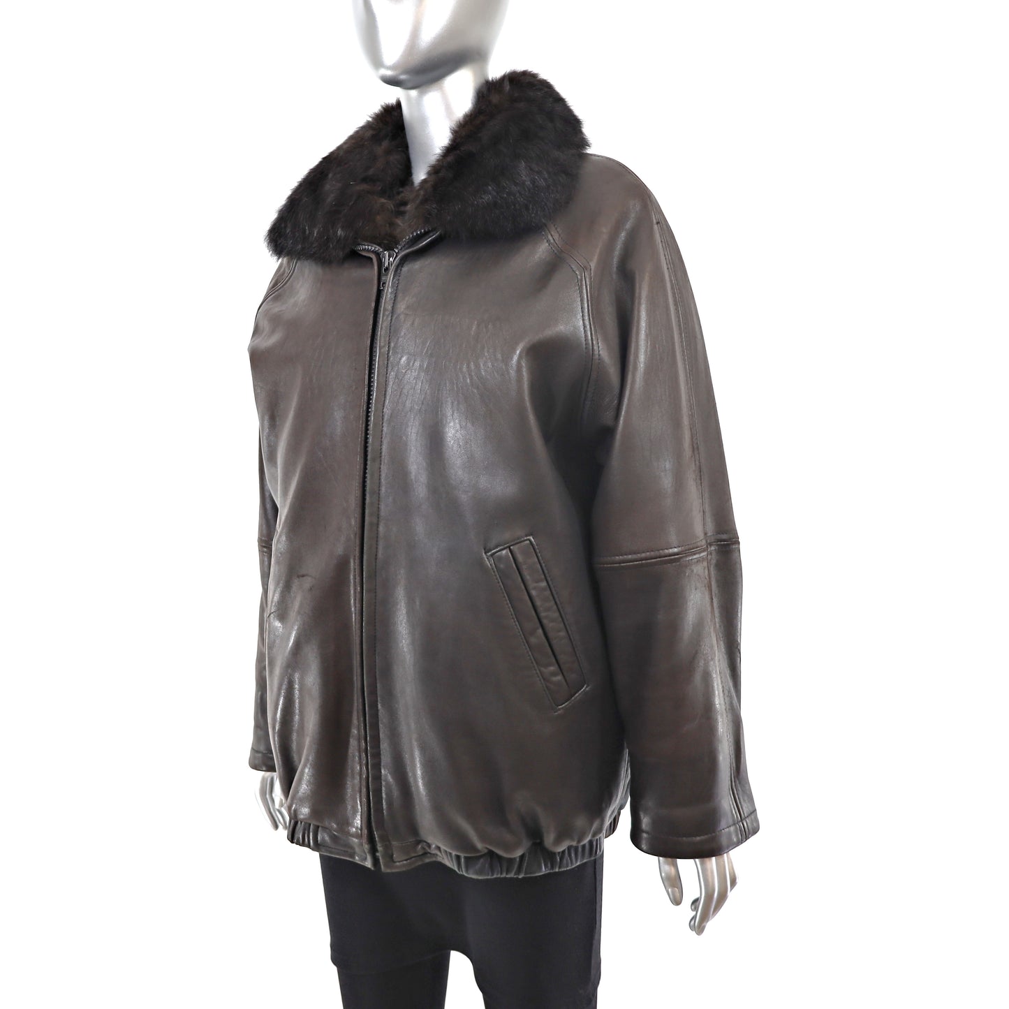 Leather Jacket with Detachable Opossum Lining- Size M