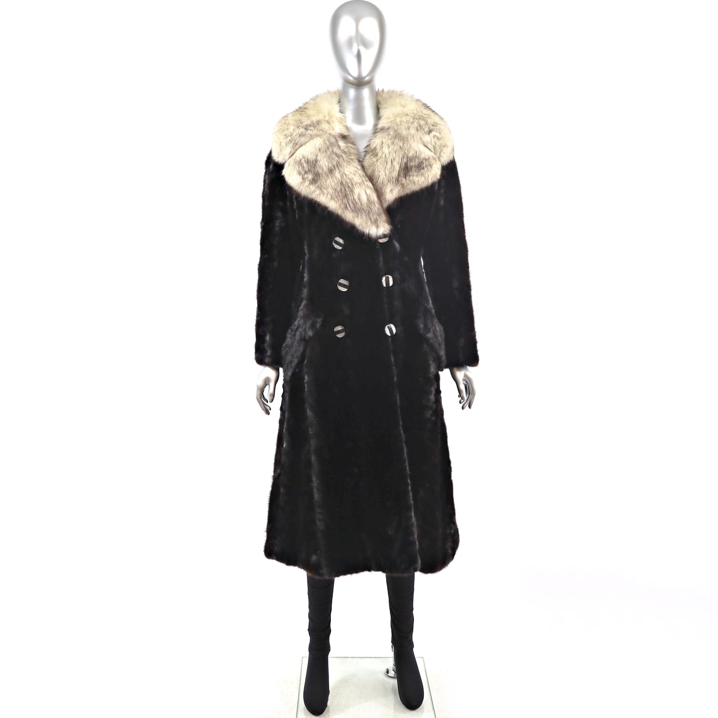Mahogany Section Mink Coat with Blue Fox Collar- Size S