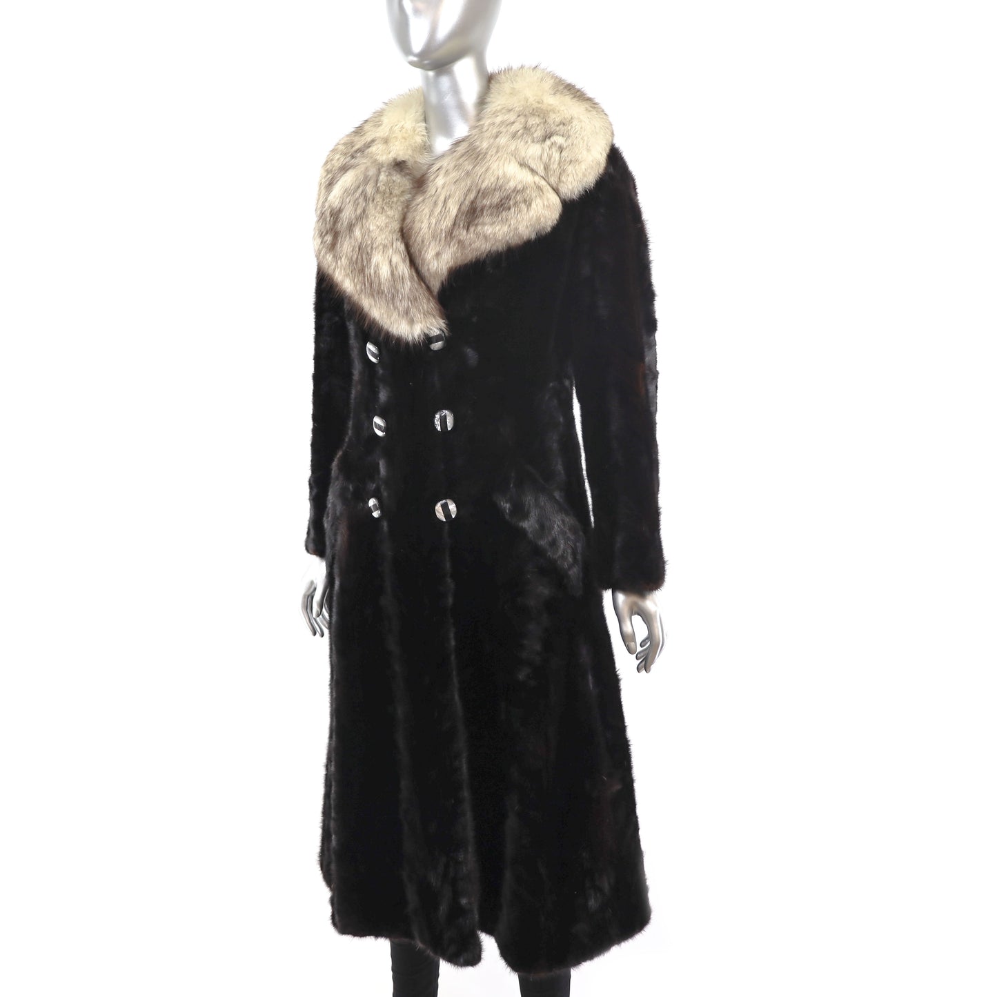 Mahogany Section Mink Coat with Blue Fox Collar- Size S