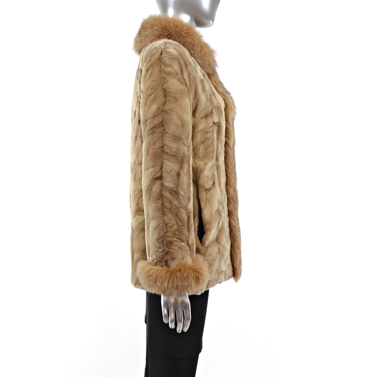 Pastel Section Sheared Mink Jacket with Fox Trim- Size S