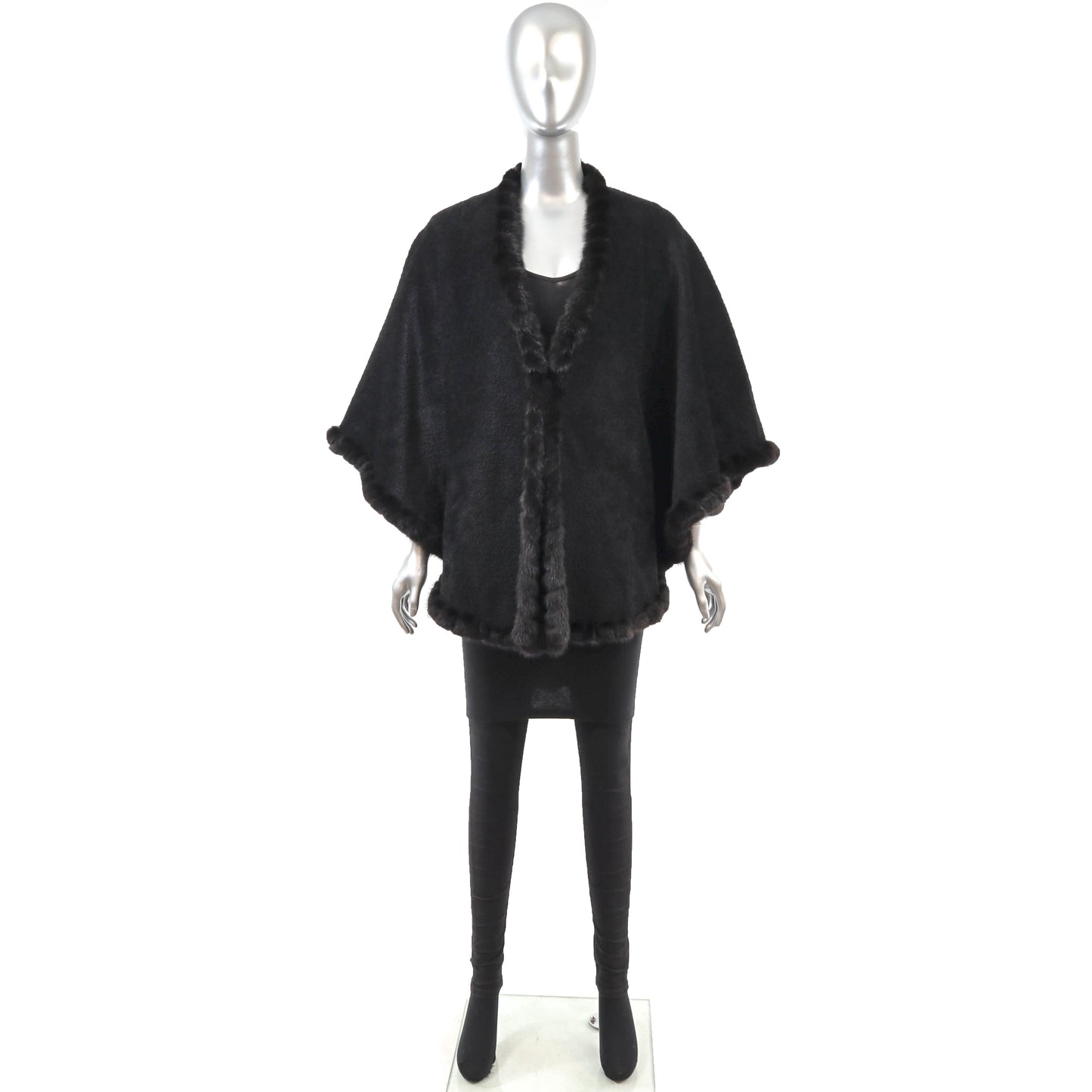 Black Alpaca Cape with Mink Trim- Size Free