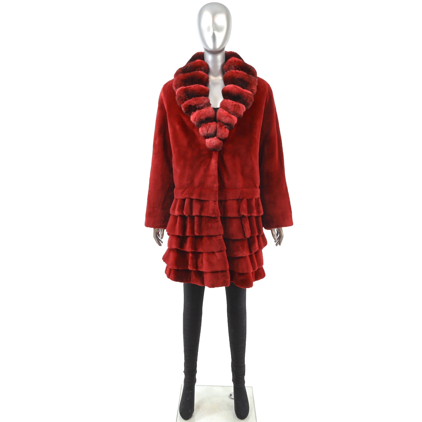 Musi Red Sheared Beaver 3/4 Coat with Chinchilla Collar- Size M