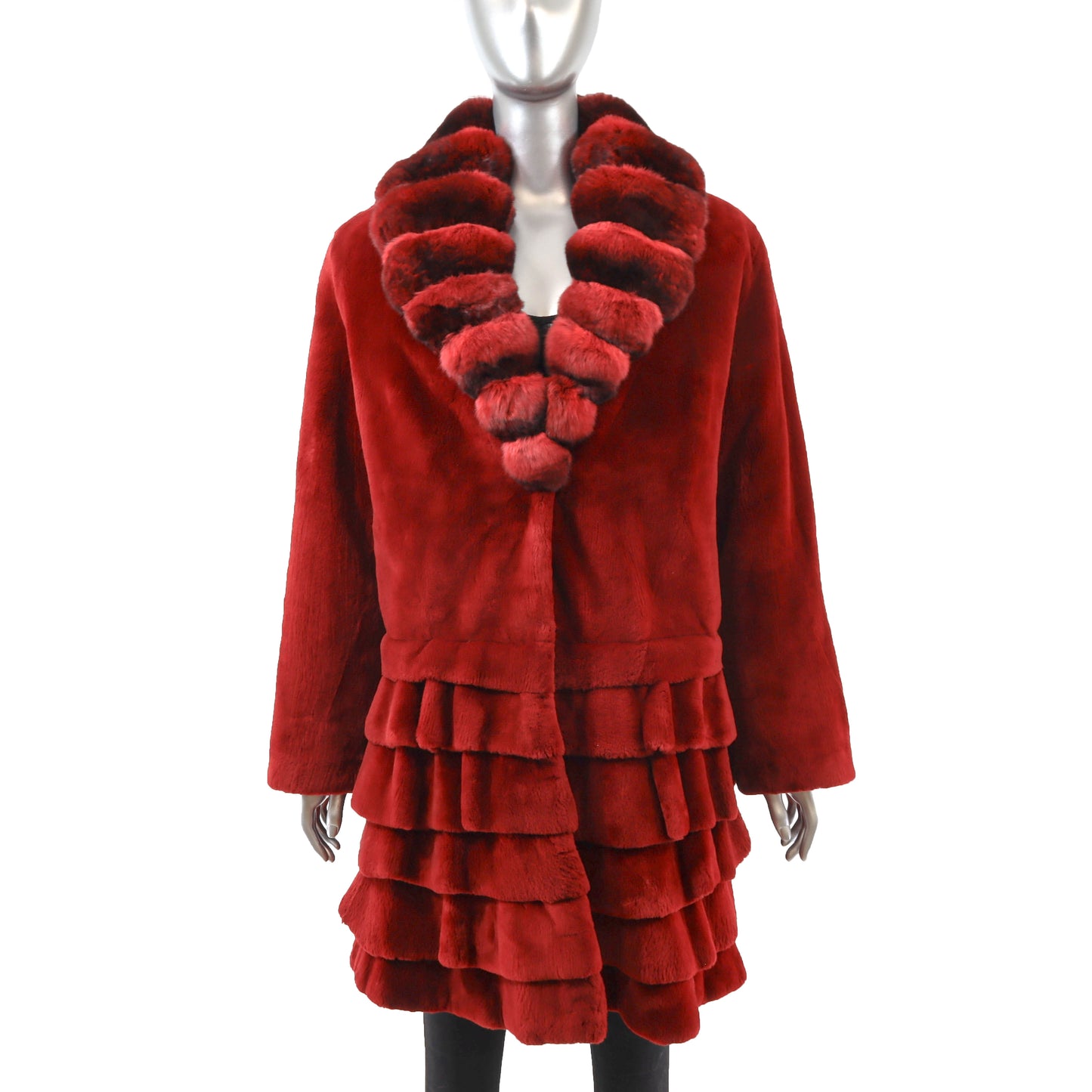 Musi Red Sheared Beaver 3/4 Coat with Chinchilla Collar- Size M