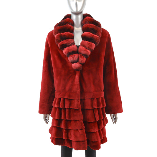 Musi Red Sheared Beaver 3/4 Coat with Chinchilla Collar- Size M