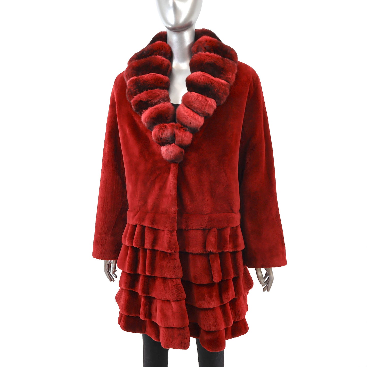 Musi Red Sheared Beaver 3/4 Coat with Chinchilla Collar- Size M