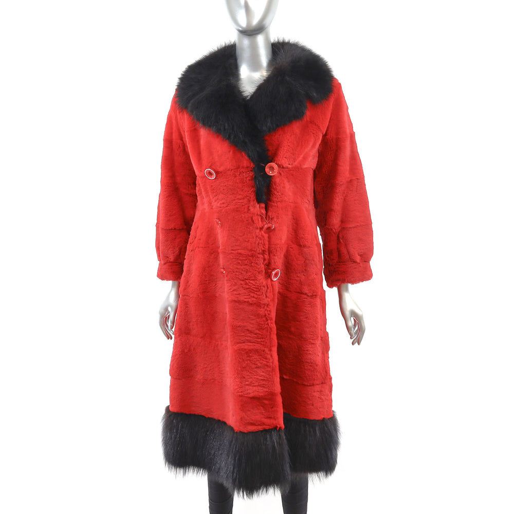 Red Sheared Rabbit Coat with Fox Trim- Size S